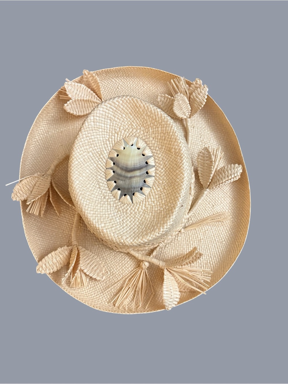 Handwoven Natural Straw Sun Hat with Shell & Leaf Trim - SZ Large